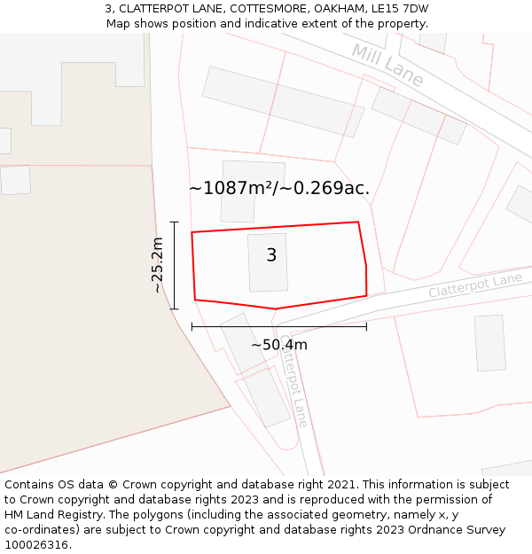 3, CLATTERPOT LANE, COTTESMORE, OAKHAM, LE15 7DW: Plot and title map