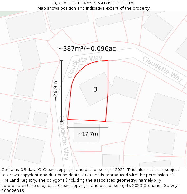 3, CLAUDETTE WAY, SPALDING, PE11 1AJ: Plot and title map