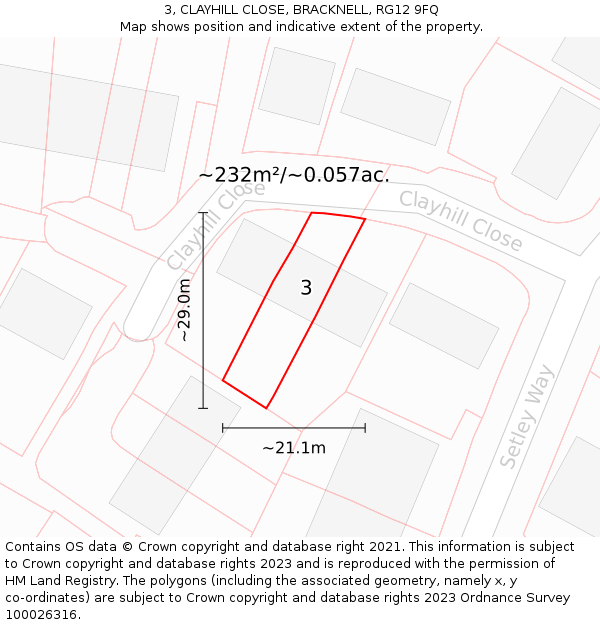 3, CLAYHILL CLOSE, BRACKNELL, RG12 9FQ: Plot and title map