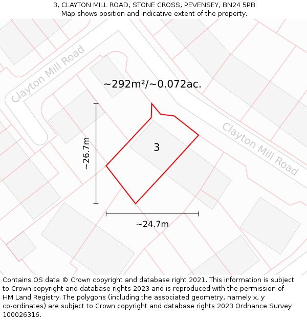 3, CLAYTON MILL ROAD, STONE CROSS, PEVENSEY, BN24 5PB: Plot and title map