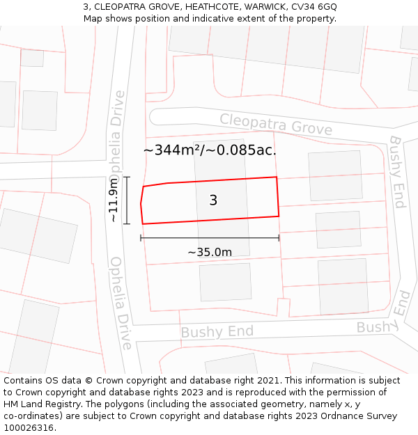 3, CLEOPATRA GROVE, HEATHCOTE, WARWICK, CV34 6GQ: Plot and title map