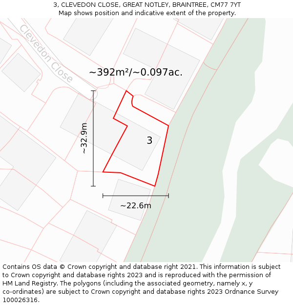 3, CLEVEDON CLOSE, GREAT NOTLEY, BRAINTREE, CM77 7YT: Plot and title map