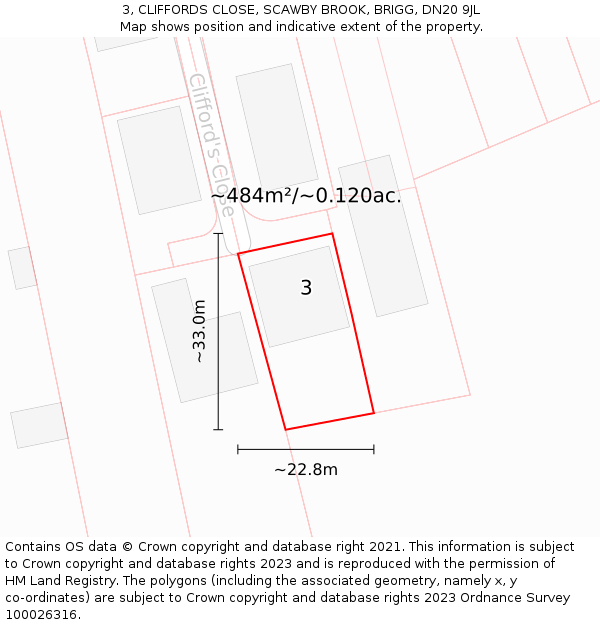 3, CLIFFORDS CLOSE, SCAWBY BROOK, BRIGG, DN20 9JL: Plot and title map