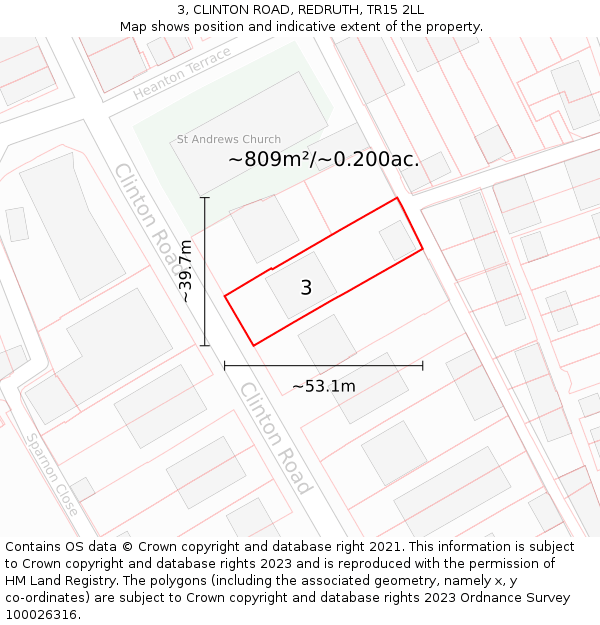 3, CLINTON ROAD, REDRUTH, TR15 2LL: Plot and title map