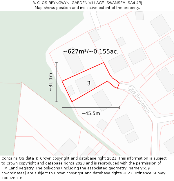 3, CLOS BRYNGWYN, GARDEN VILLAGE, SWANSEA, SA4 4BJ: Plot and title map