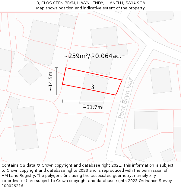 3, CLOS CEFN BRYN, LLWYNHENDY, LLANELLI, SA14 9GA: Plot and title map