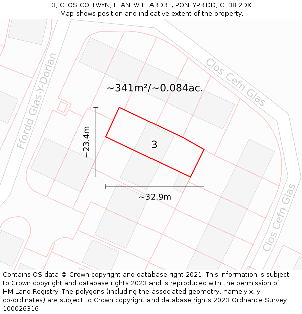 3, CLOS COLLWYN, LLANTWIT FARDRE, PONTYPRIDD, CF38 2DX: Plot and title map