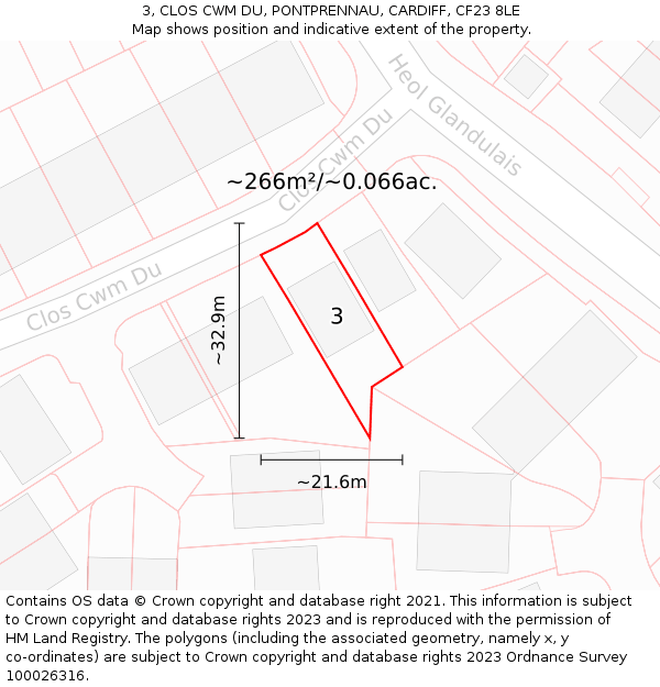 3, CLOS CWM DU, PONTPRENNAU, CARDIFF, CF23 8LE: Plot and title map