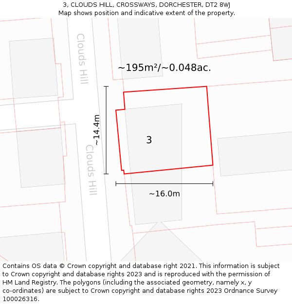 3, CLOUDS HILL, CROSSWAYS, DORCHESTER, DT2 8WJ: Plot and title map