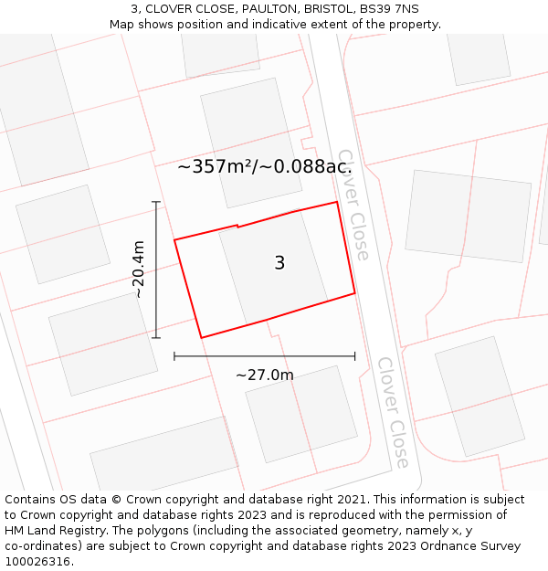 3, CLOVER CLOSE, PAULTON, BRISTOL, BS39 7NS: Plot and title map