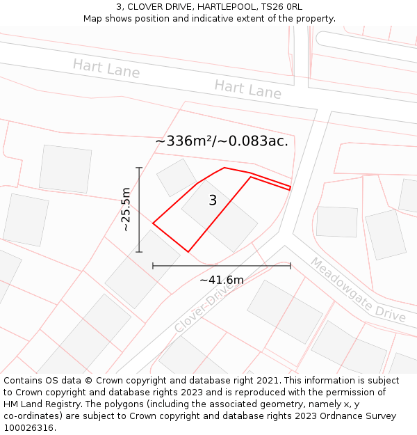 3, CLOVER DRIVE, HARTLEPOOL, TS26 0RL: Plot and title map