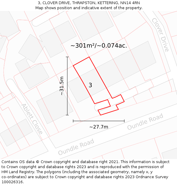 3, CLOVER DRIVE, THRAPSTON, KETTERING, NN14 4RN: Plot and title map