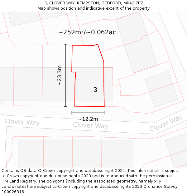 3, CLOVER WAY, KEMPSTON, BEDFORD, MK42 7FZ: Plot and title map