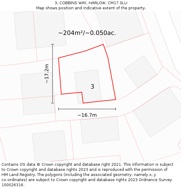 3, COBBINS WAY, HARLOW, CM17 0LU: Plot and title map