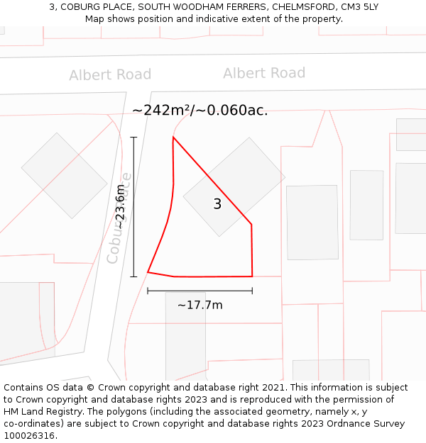 3, COBURG PLACE, SOUTH WOODHAM FERRERS, CHELMSFORD, CM3 5LY: Plot and title map