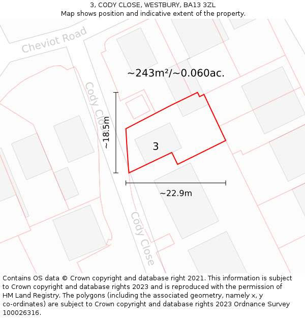 3, CODY CLOSE, WESTBURY, BA13 3ZL: Plot and title map