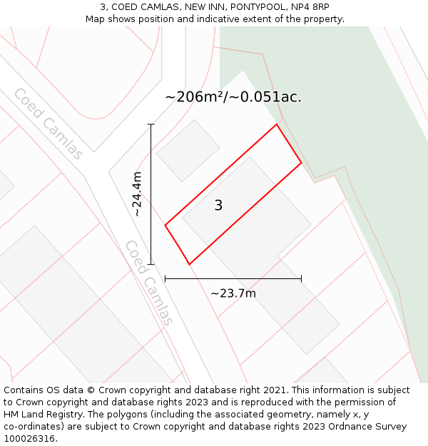 3, COED CAMLAS, NEW INN, PONTYPOOL, NP4 8RP: Plot and title map