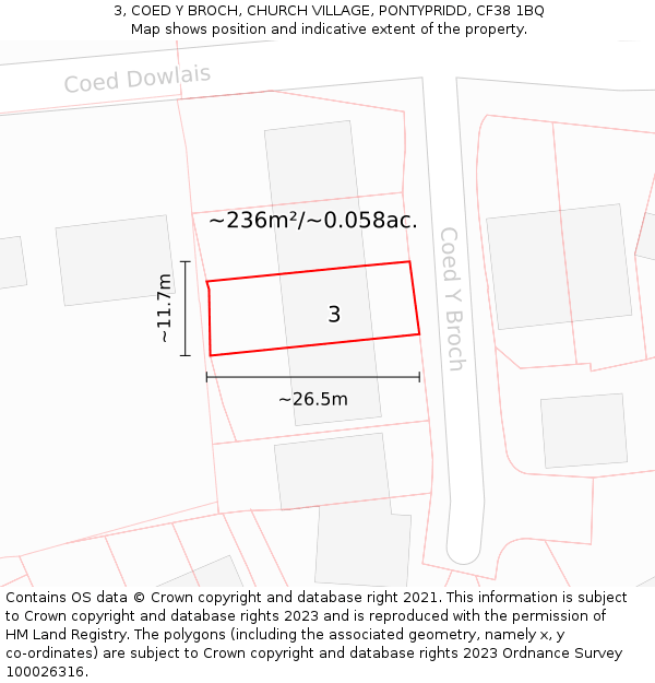 3, COED Y BROCH, CHURCH VILLAGE, PONTYPRIDD, CF38 1BQ: Plot and title map