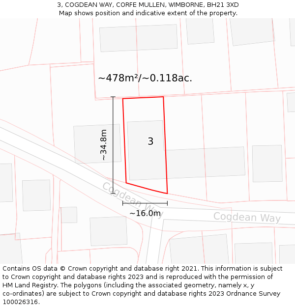 3, COGDEAN WAY, CORFE MULLEN, WIMBORNE, BH21 3XD: Plot and title map