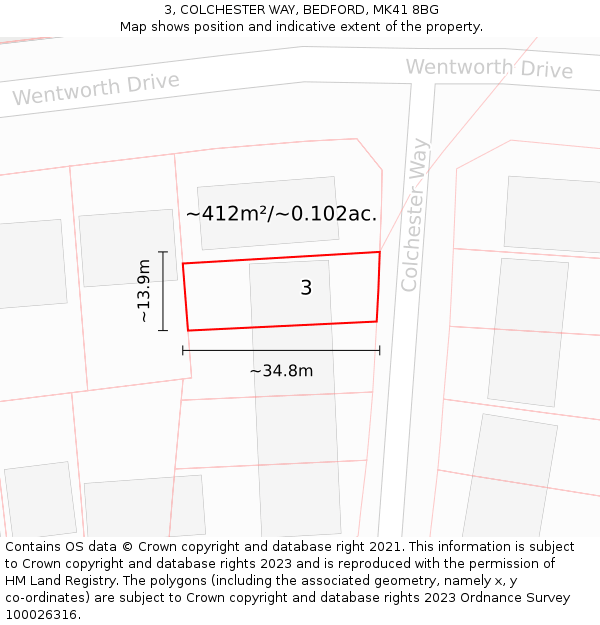 3, COLCHESTER WAY, BEDFORD, MK41 8BG: Plot and title map