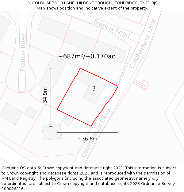 3, COLDHARBOUR LANE, HILDENBOROUGH, TONBRIDGE, TN11 9JS: Plot and title map