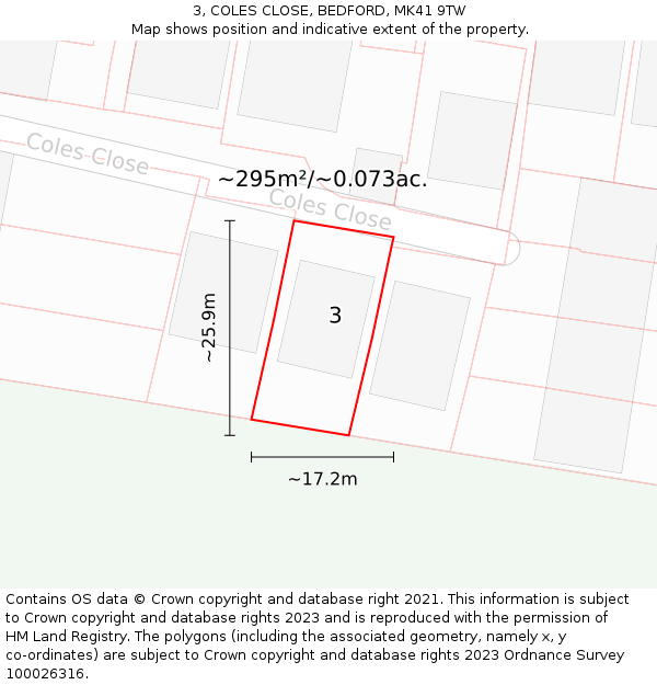 3, COLES CLOSE, BEDFORD, MK41 9TW: Plot and title map