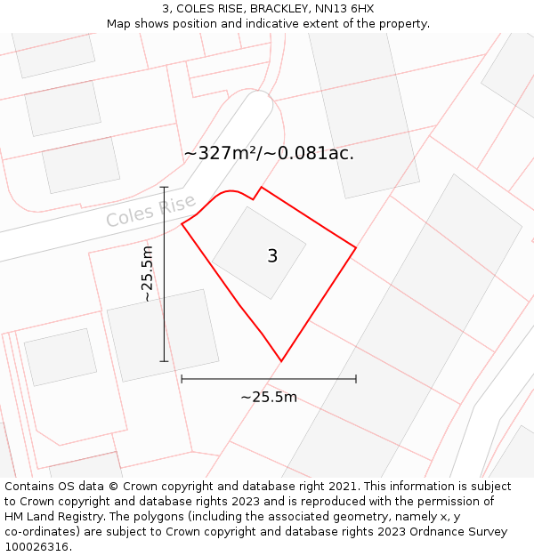 3, COLES RISE, BRACKLEY, NN13 6HX: Plot and title map