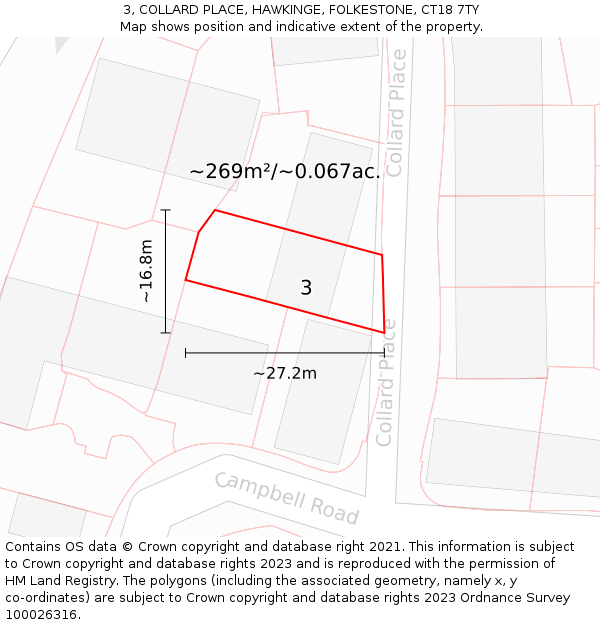 3, COLLARD PLACE, HAWKINGE, FOLKESTONE, CT18 7TY: Plot and title map