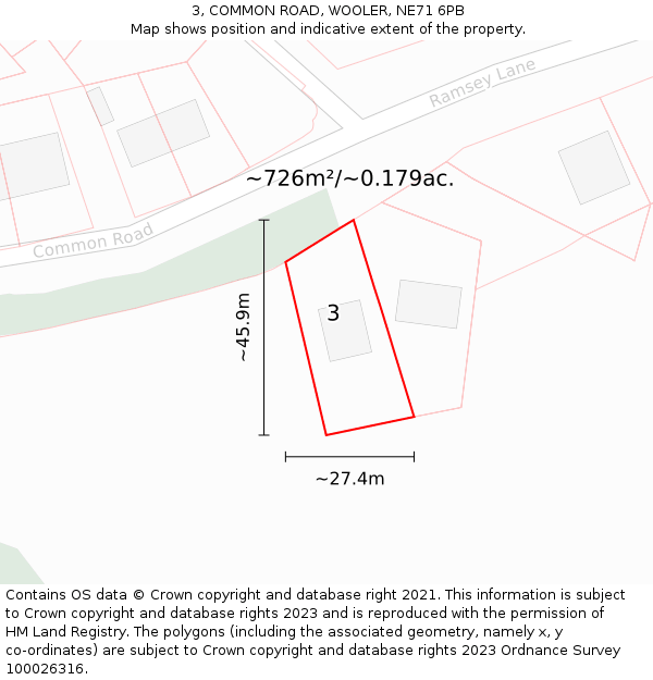 3, COMMON ROAD, WOOLER, NE71 6PB: Plot and title map