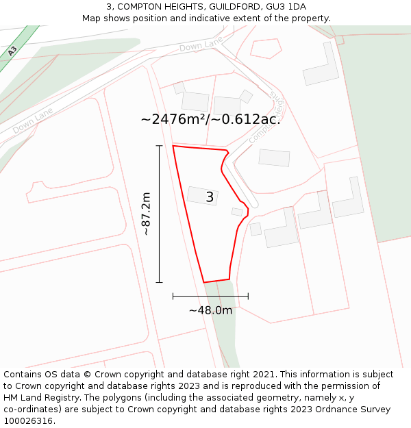 3, COMPTON HEIGHTS, GUILDFORD, GU3 1DA: Plot and title map