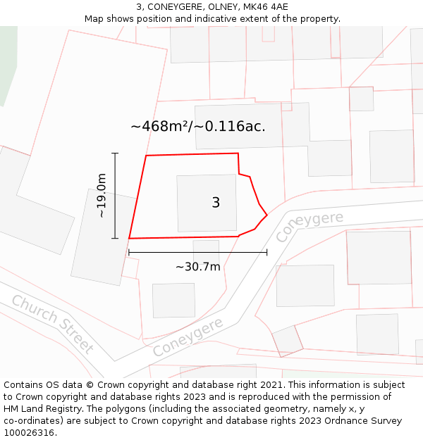 3, CONEYGERE, OLNEY, MK46 4AE: Plot and title map