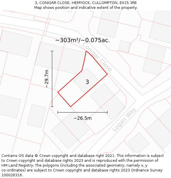 3, CONIGAR CLOSE, HEMYOCK, CULLOMPTON, EX15 3RE: Plot and title map