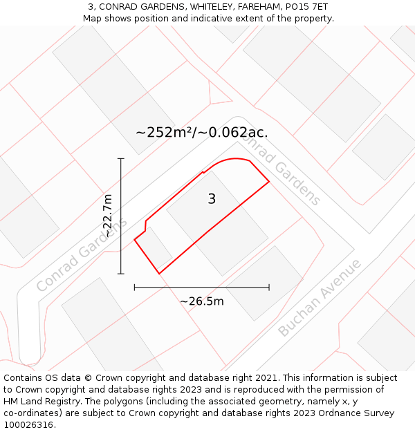 3, CONRAD GARDENS, WHITELEY, FAREHAM, PO15 7ET: Plot and title map