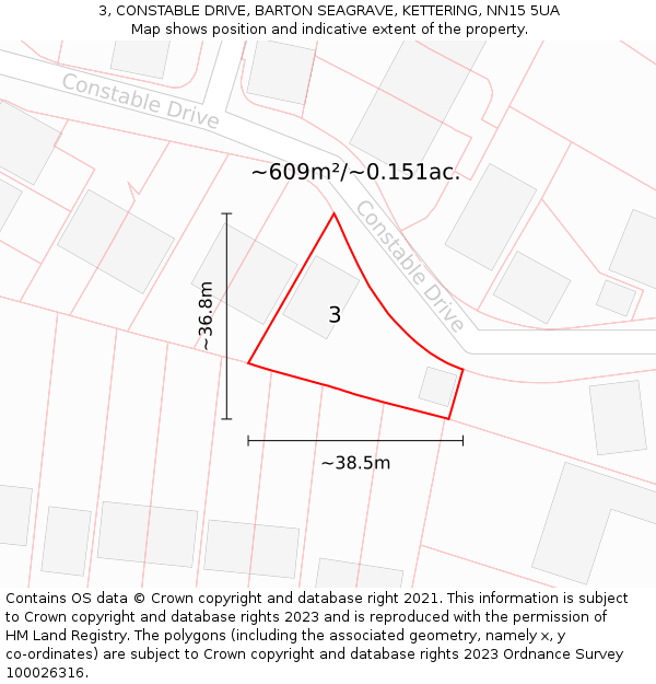 3, CONSTABLE DRIVE, BARTON SEAGRAVE, KETTERING, NN15 5UA: Plot and title map