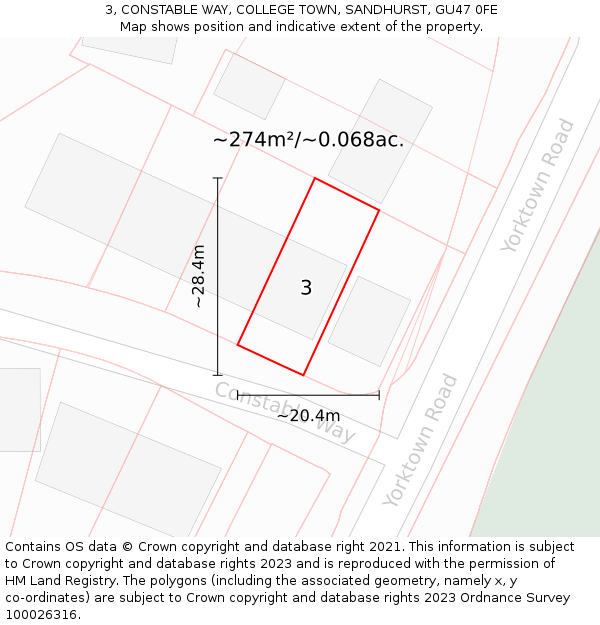 3, CONSTABLE WAY, COLLEGE TOWN, SANDHURST, GU47 0FE: Plot and title map