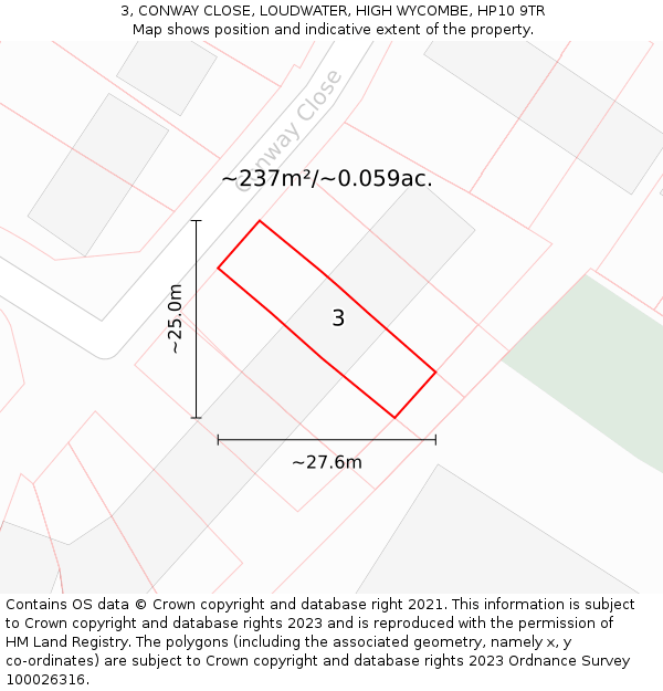 3, CONWAY CLOSE, LOUDWATER, HIGH WYCOMBE, HP10 9TR: Plot and title map