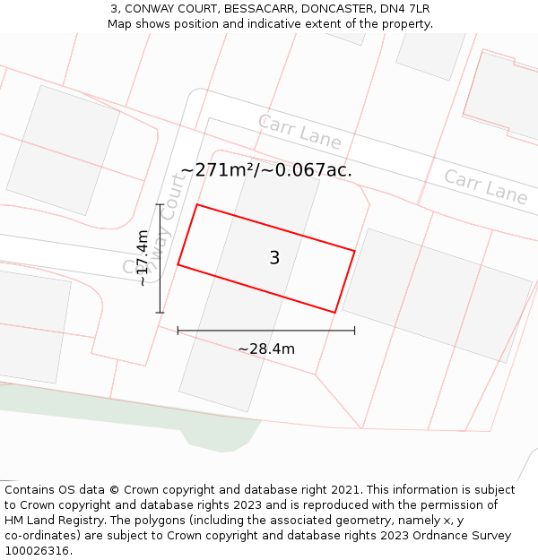 3, CONWAY COURT, BESSACARR, DONCASTER, DN4 7LR: Plot and title map