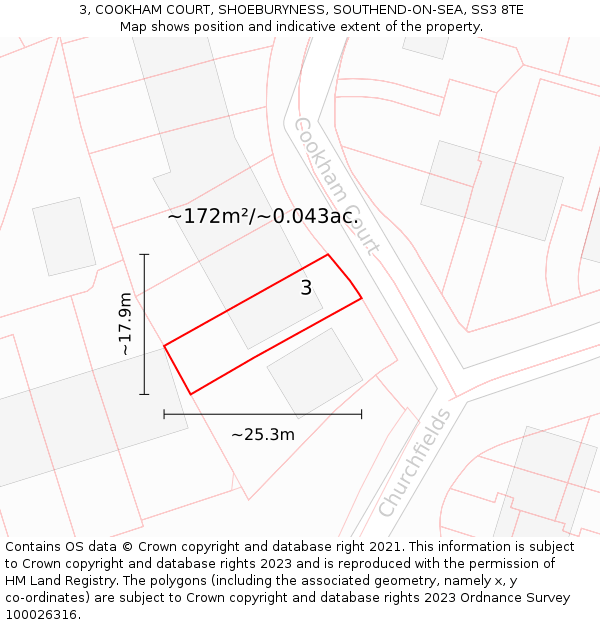 3, COOKHAM COURT, SHOEBURYNESS, SOUTHEND-ON-SEA, SS3 8TE: Plot and title map