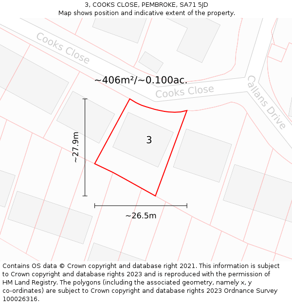 3, COOKS CLOSE, PEMBROKE, SA71 5JD: Plot and title map