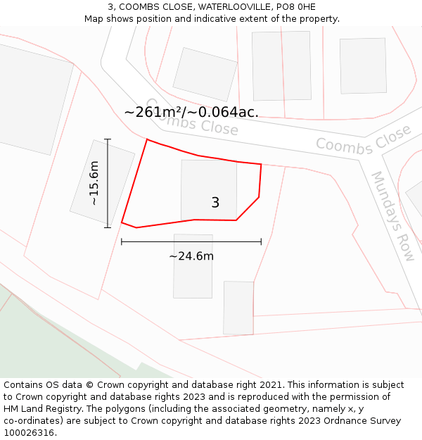 3, COOMBS CLOSE, WATERLOOVILLE, PO8 0HE: Plot and title map