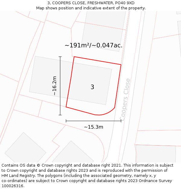 3, COOPERS CLOSE, FRESHWATER, PO40 9XD: Plot and title map