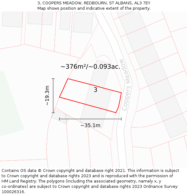 3, COOPERS MEADOW, REDBOURN, ST ALBANS, AL3 7EY: Plot and title map