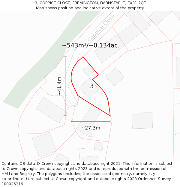 3, COPPICE CLOSE, FREMINGTON, BARNSTAPLE, EX31 2QE: Plot and title map