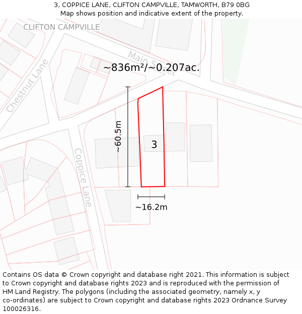 3, COPPICE LANE, CLIFTON CAMPVILLE, TAMWORTH, B79 0BG: Plot and title map