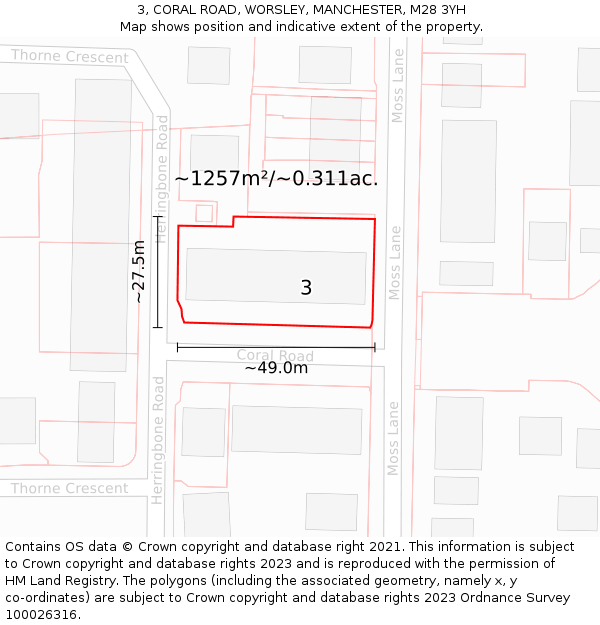 3, CORAL ROAD, WORSLEY, MANCHESTER, M28 3YH: Plot and title map