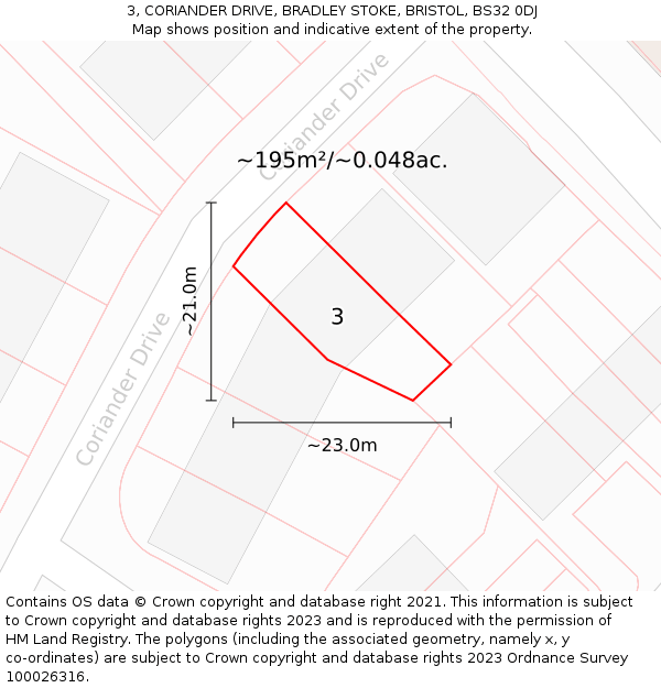 3, CORIANDER DRIVE, BRADLEY STOKE, BRISTOL, BS32 0DJ: Plot and title map