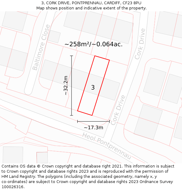 3, CORK DRIVE, PONTPRENNAU, CARDIFF, CF23 8PU: Plot and title map