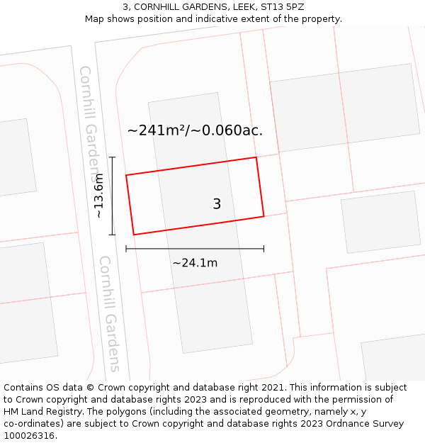 3, CORNHILL GARDENS, LEEK, ST13 5PZ: Plot and title map