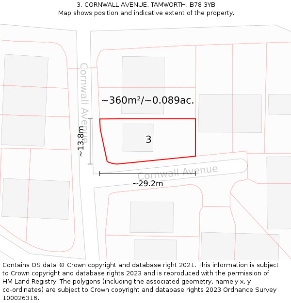 3, CORNWALL AVENUE, TAMWORTH, B78 3YB: Plot and title map