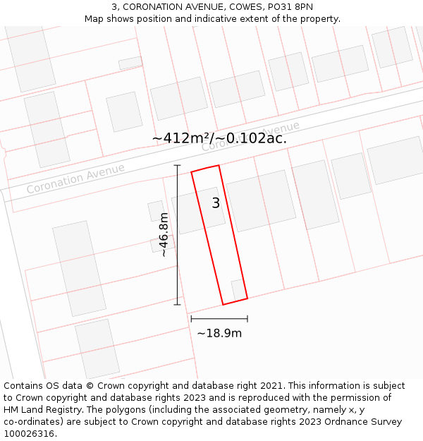 3, CORONATION AVENUE, COWES, PO31 8PN: Plot and title map